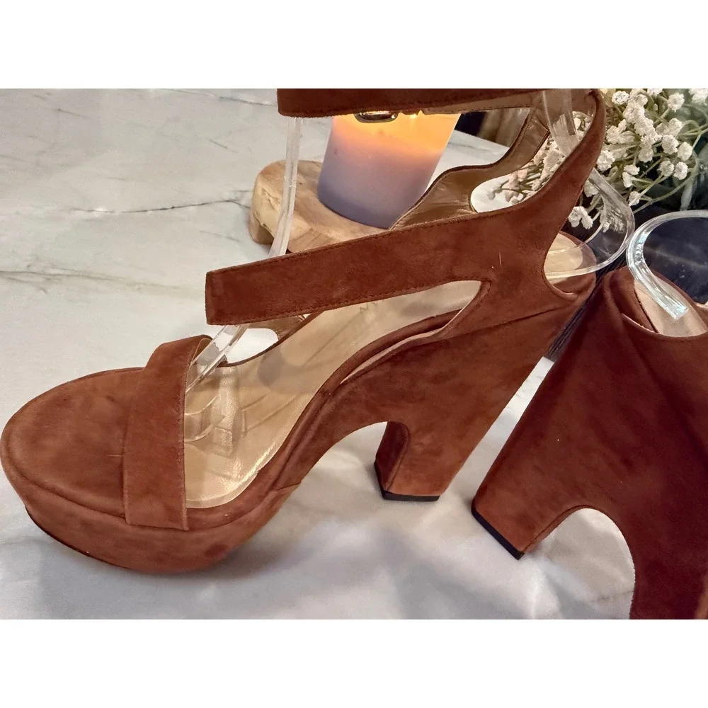 Stuart Weitzman Brown Suede Saucy Platform Wedge Sandals Ankle Strap Heels 9.5 M